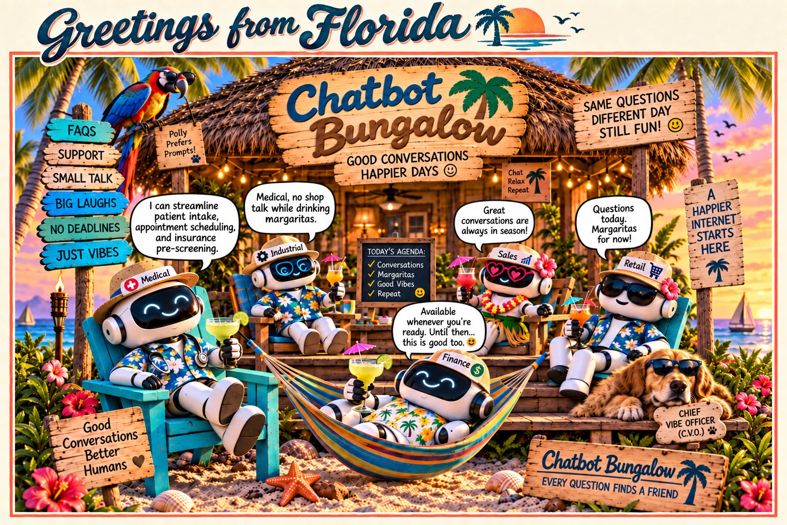 Greetings from Florida: a landscape postcard showing the five robots, parrot, and golden retriever at Chatbot Bungalow.